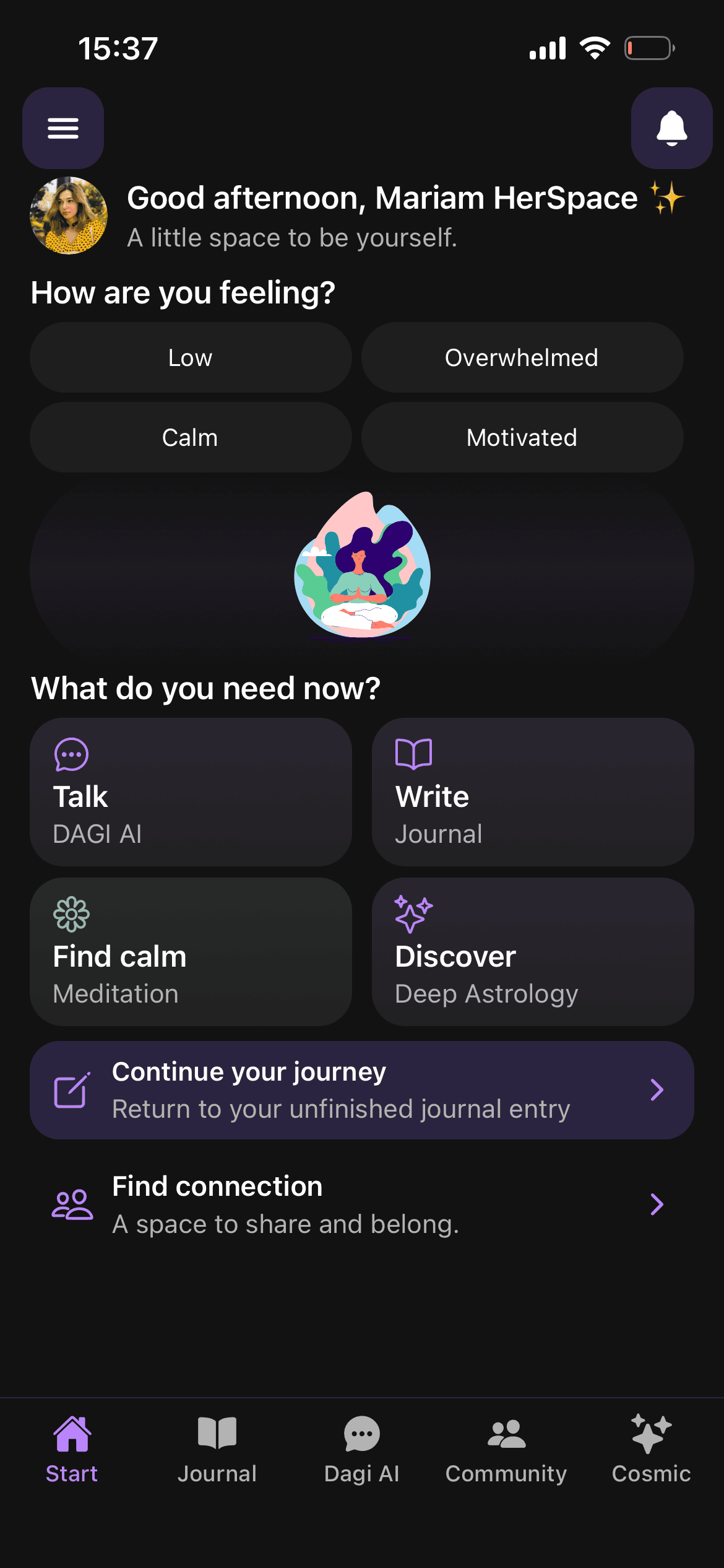 HerSpace home with a mood check-in and shortcuts to reflection tools