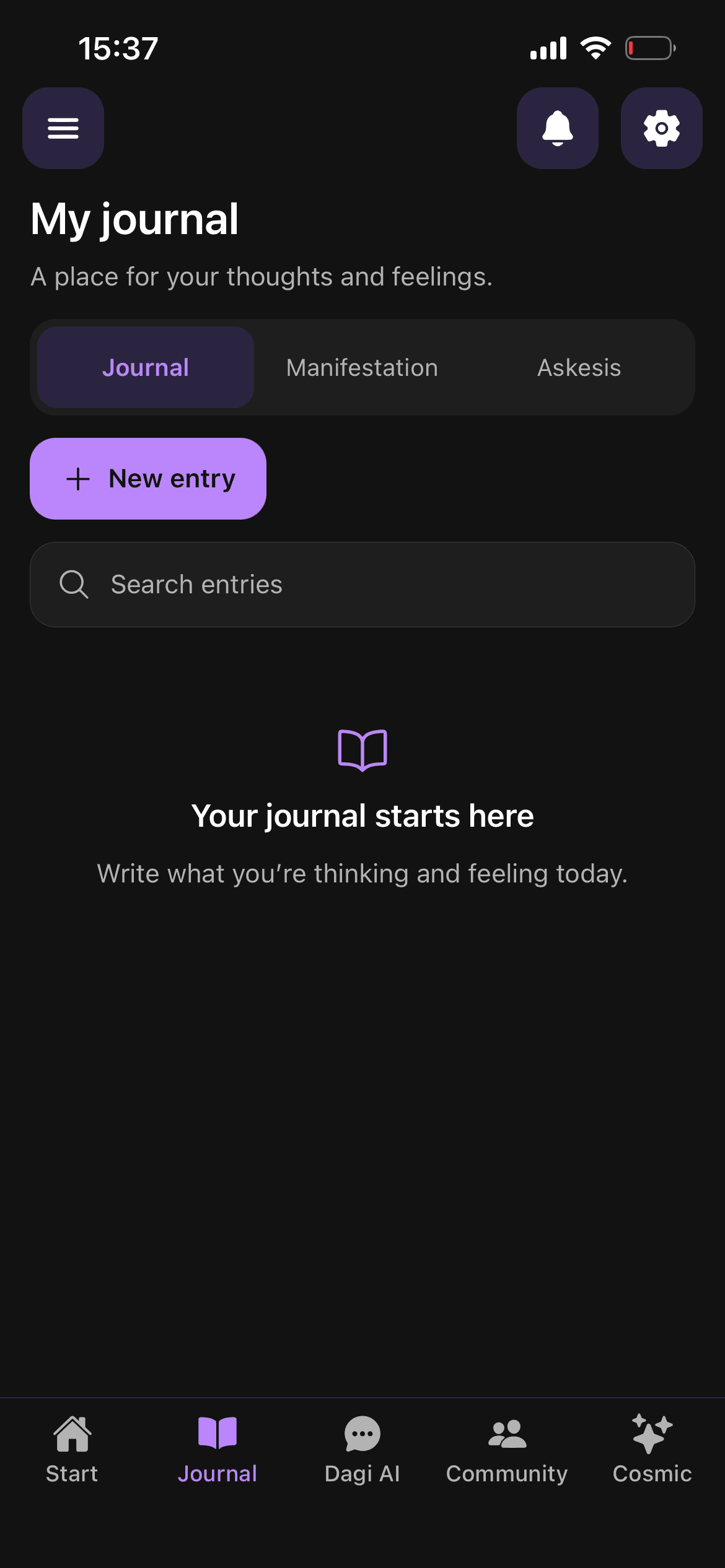 HerSpace journal with a new entry button and Journal, Manifestation, and Askesis tabs