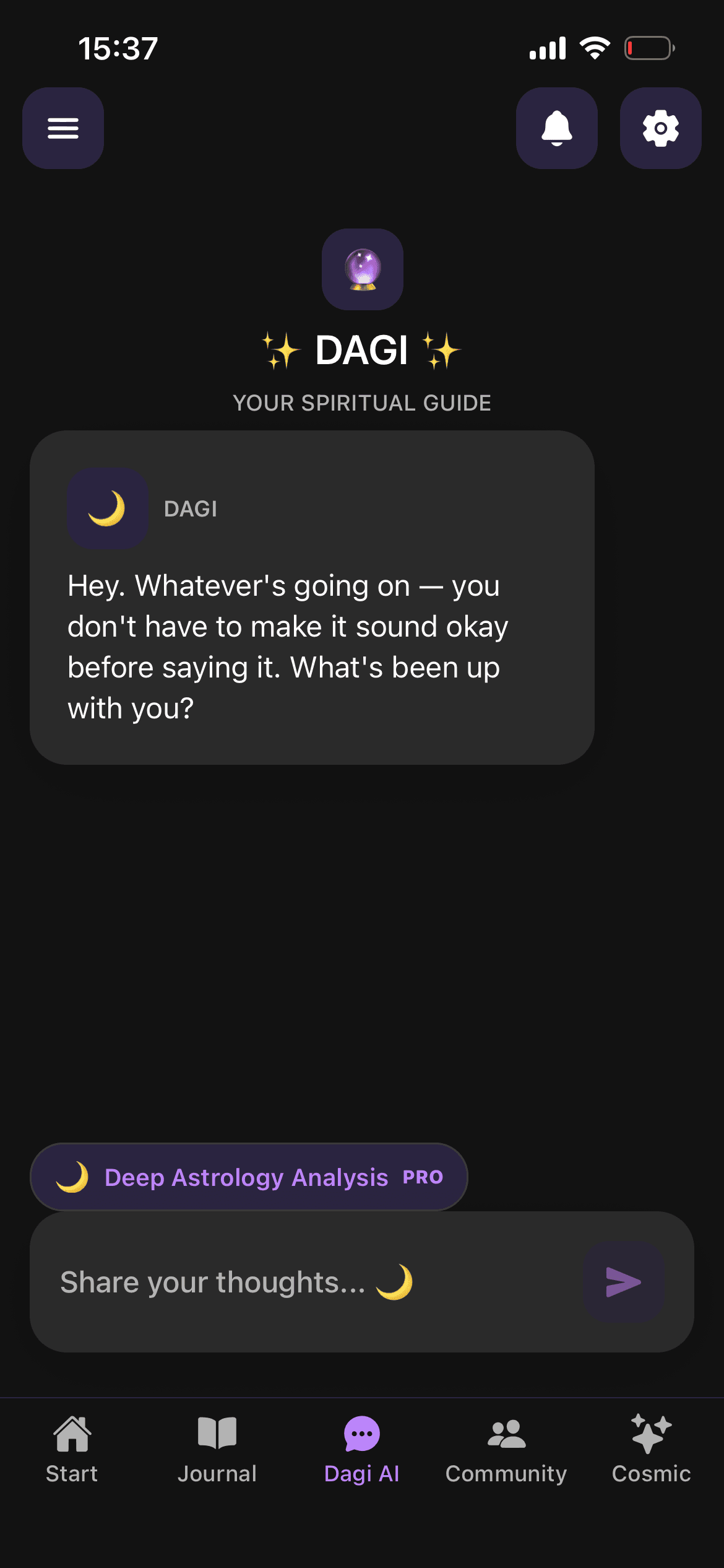 DAGI AI conversation with a welcome message and space to share thoughts