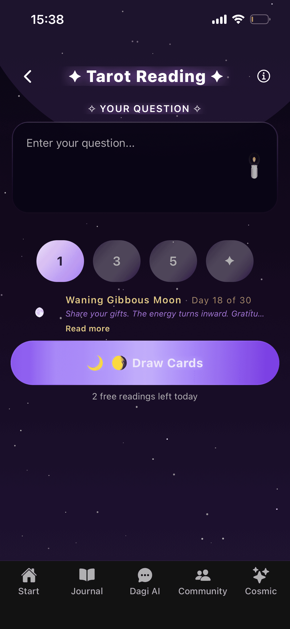 HerSpace Tarot with a question field and card-drawing options