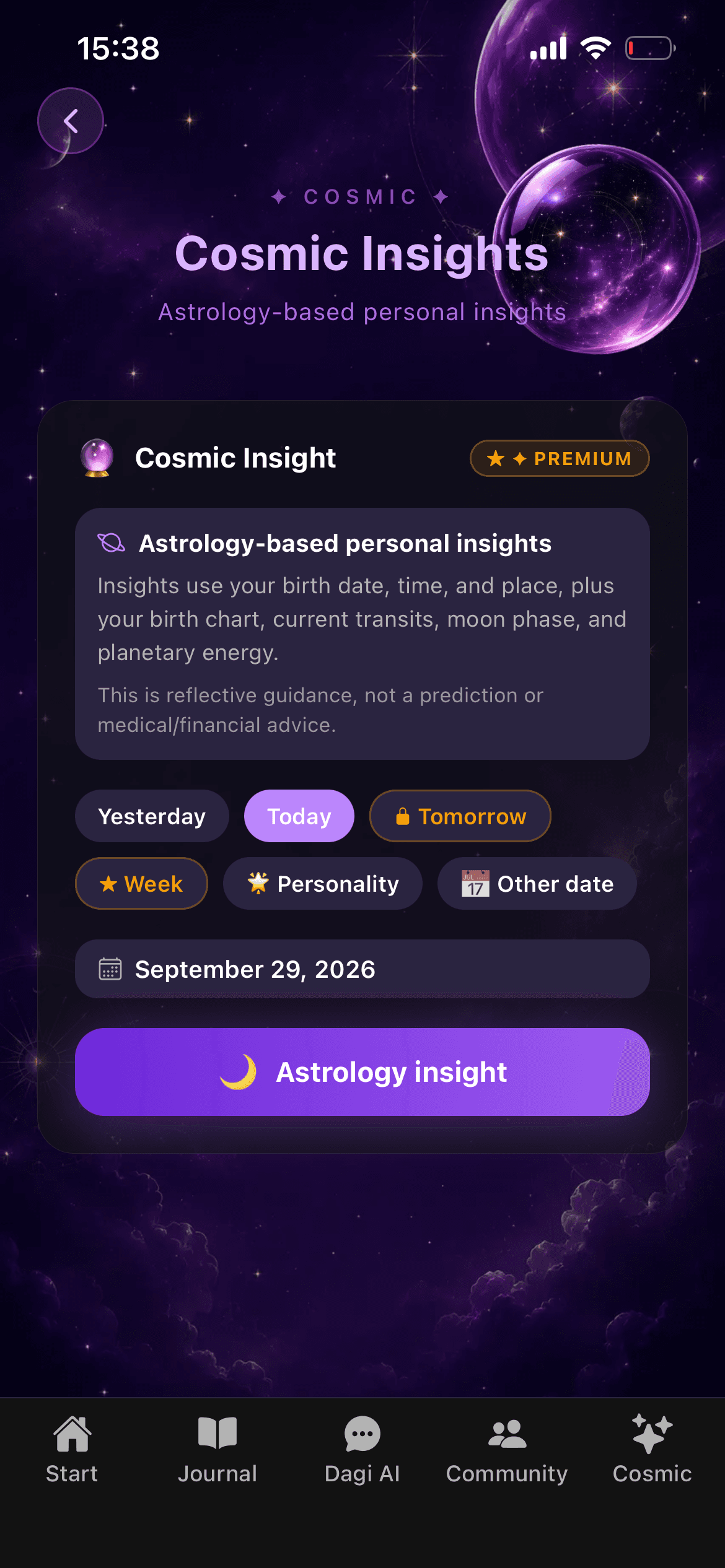 Cosmic Insights with astrology-based personal reflections and date selections