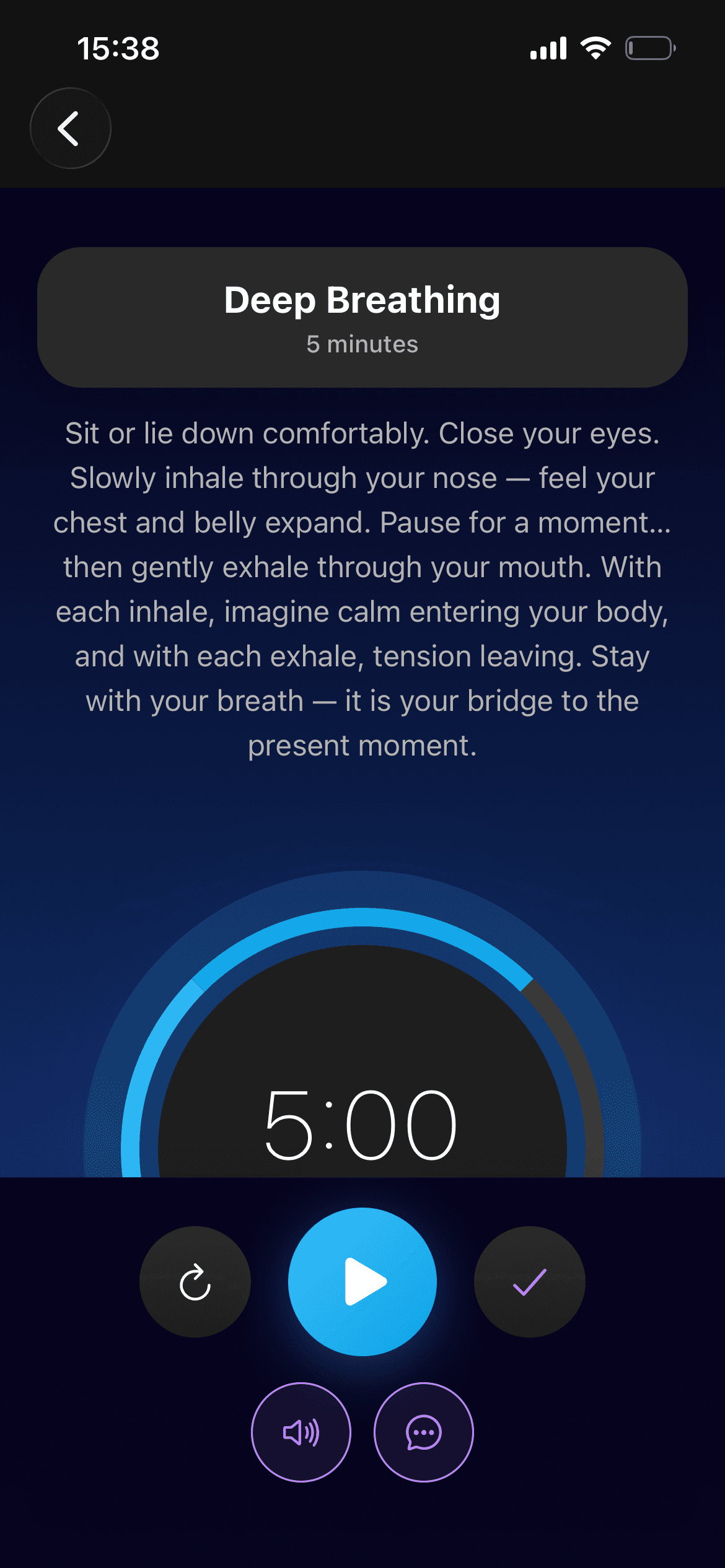 Deep Breathing meditation with a five-minute timer and playback controls