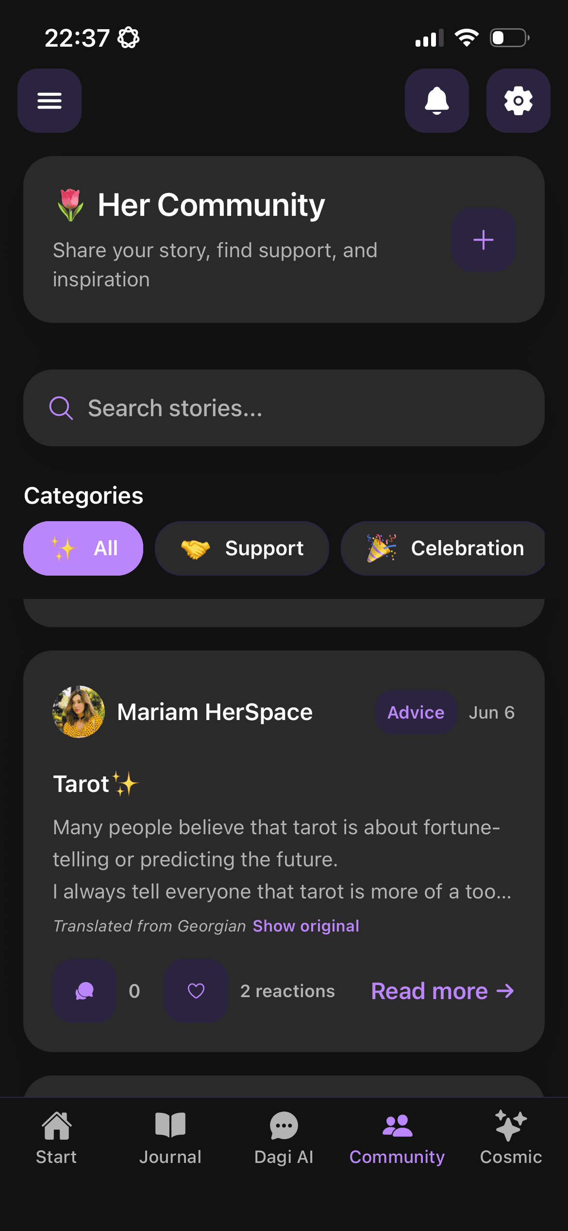 HerSpace Community with shared stories, reactions, comments and access to original translated posts
